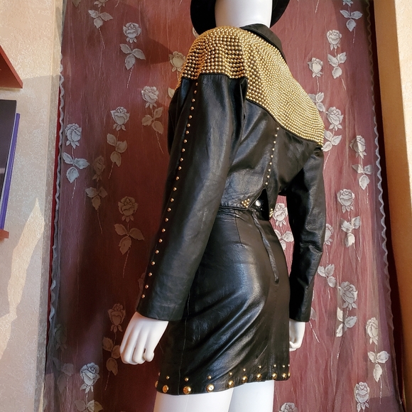 Black Leather w/ Gold Studs Skirt & Jacket Set - Picture 4 of 14